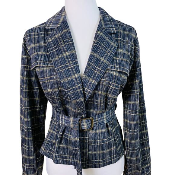 Modcloth Size S Metallic Gold Plaid Blazer Jacket Blue and Gold Belted Classic